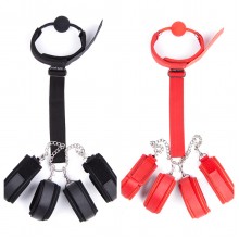Concept Ballgag to Wrist and Ankle PU Leather Cuff, BDSM Behind Back Restraint Set
