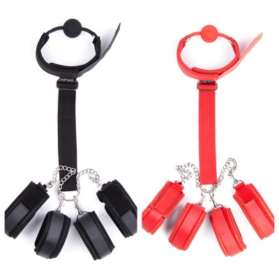 Concept Ballgag to Wrist and Ankle PU Leather Cuff, BDSM Behind Back Restraint Set