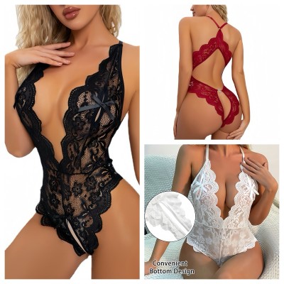 XYR-Feather Black Lace Crotchless Teddy Multi-Colors