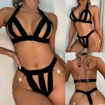 XYR-Feather Black Cross Detail Open-Cup Bra Set