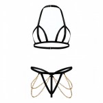 XYR-Feather Black Cross Detail Open-Cup Bra Set
